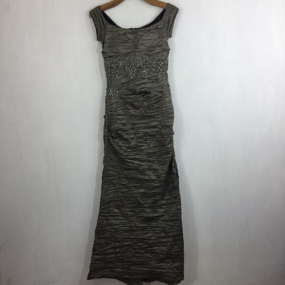 Alex Evenings Pewter Crinkle Fitted Floral Embroidered Dress Gown Size 8 - Picture 3 of 12